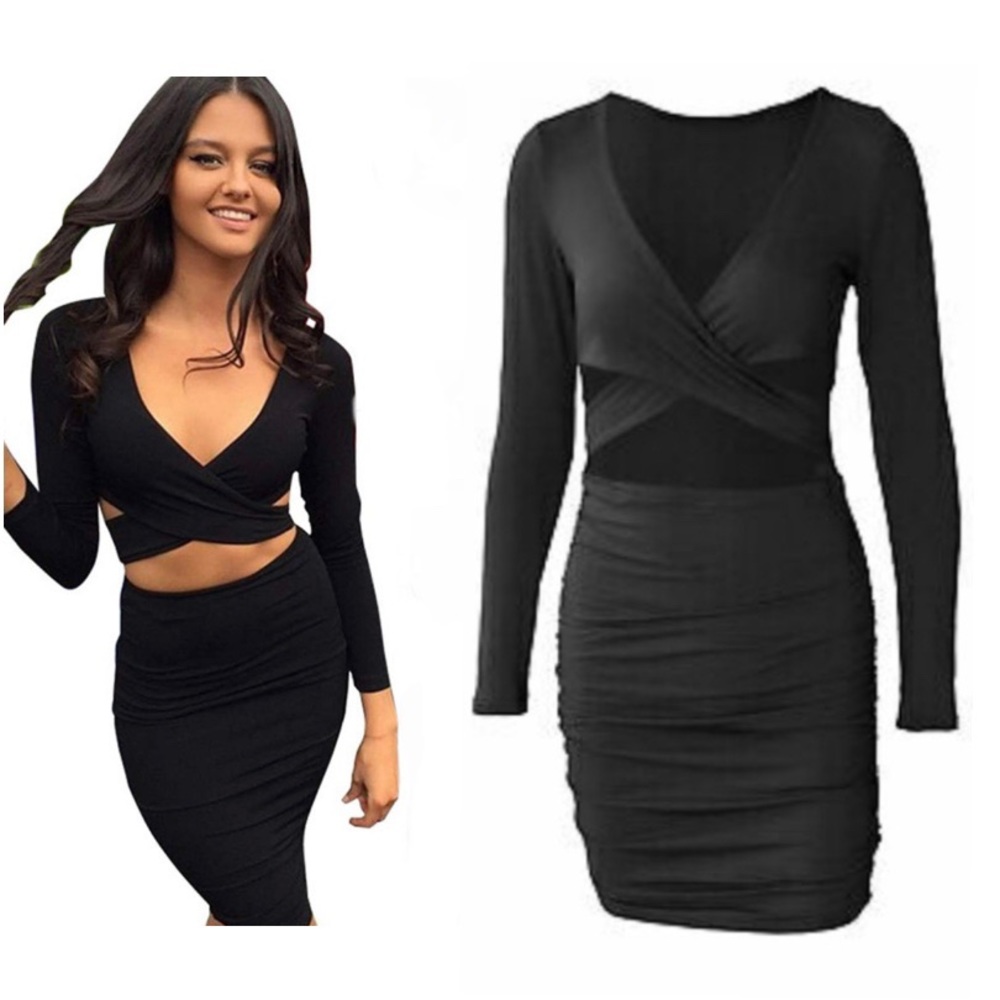 Women’s Sexy Long Sleeve Cut-Out Bandage Bodycon Clubwear Midi Dress